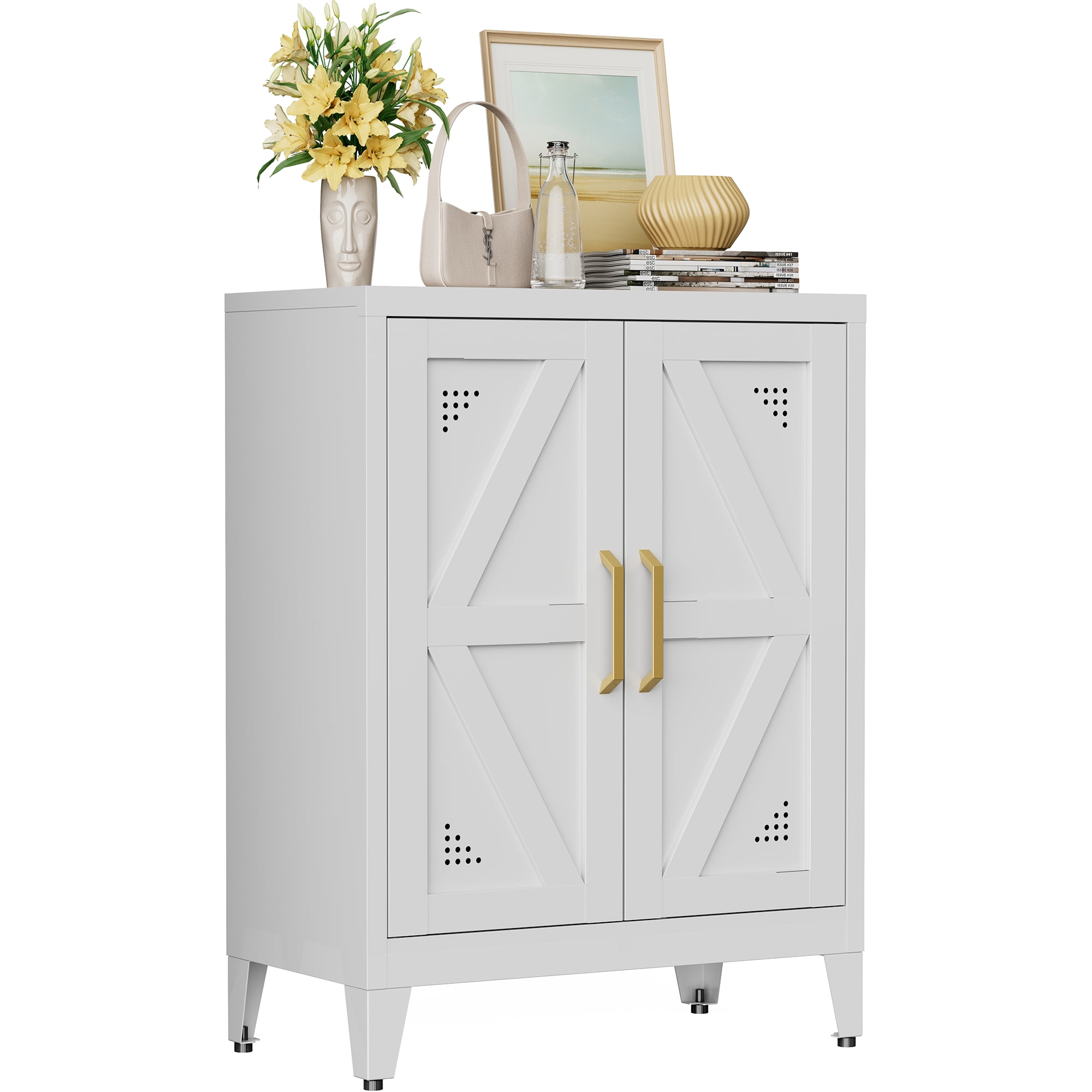 CXUZCZ Metal Buffet Cabinet, Bathroom Floor Storage Cabinet with 2 Adjustable Shelves, Freestanding Storage Sideboard for Entryway,Office, Restaurant, Living Room,11.8 x 23.6 x 31.5 Inches,White