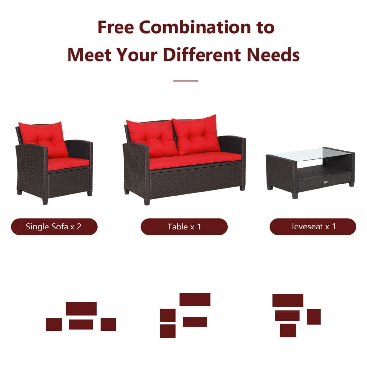 Aimee Lii 4 Pieces Wicker Patio Furniture Set with Tempered Glass Coffee Table, Wicker Outdoor Sectional, Red Aimee Lii 4 Pieces Wicker Patio Furniture Set with Tempered Glass Coffee Table, Wicker Outdoor Sectional, Red