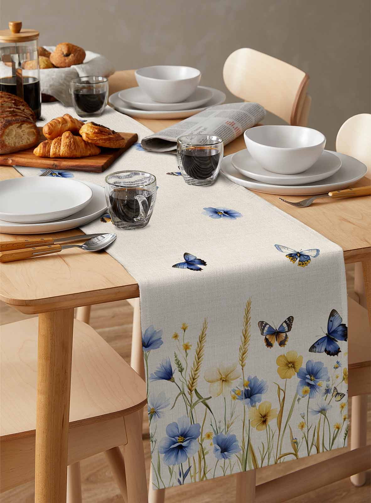 nqOlkjepod Blue Floral Table Runner 60 Inches Long Farmhouse Dress Scarves, Yellow Flower Butterflies Country Plant Dining Tablerunner for Coffee Table/Kitchen Island/Party Décor, 13" x 60"