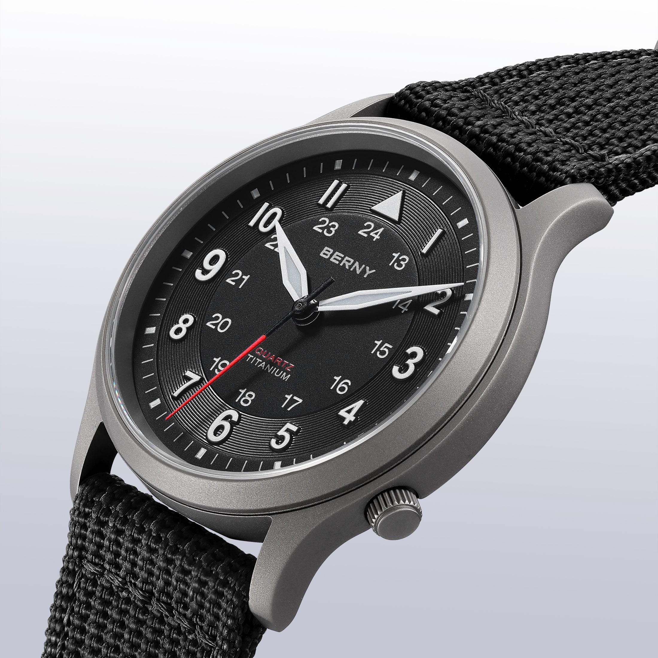 BERNY Titanium Watches for Men, Japanese Quartz Movement Men's Field Watch, 5ATM Waterproof Military Wristwatch for Men, Analog Sport Watches, Black