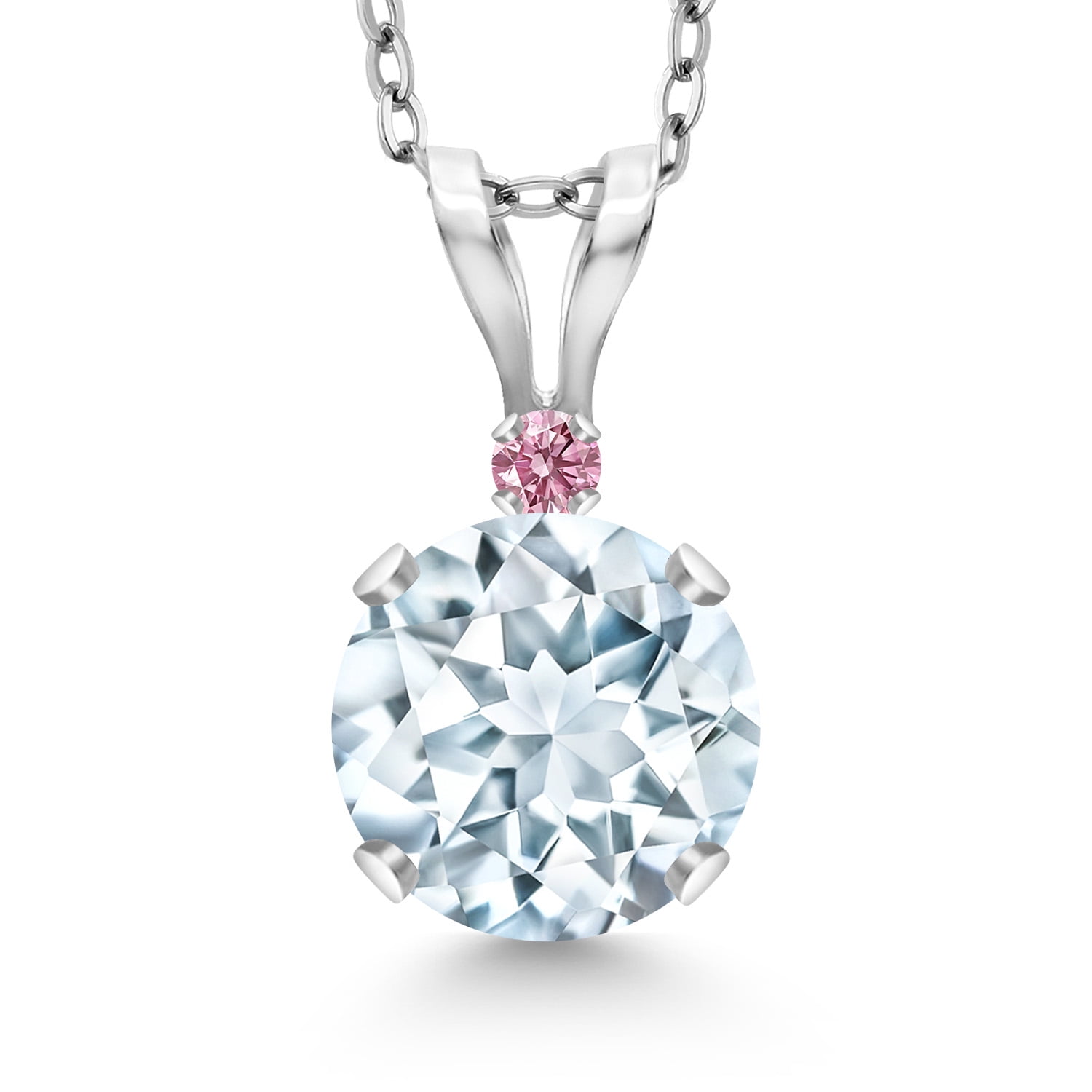 Gem Stone King 14K White Gold Sky Blue Aquamarine and Pink Lab Grown Diamond Pendant Necklace for Women | 0.77 Cttw | Gemstone March Birthstone | Round 6MM | With 18 inch Silver Chain