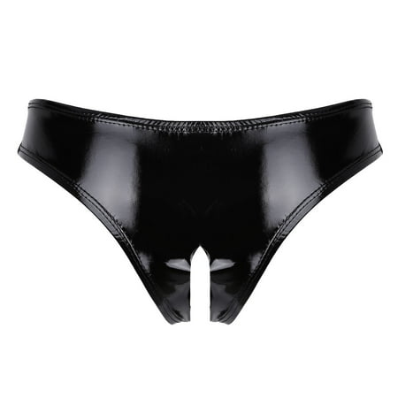 iEFiEL Women s Lingerie Wet Look PVC Leather Mini Bikini Briefs Underwear PU Leather Panty Briefs Black 3XL