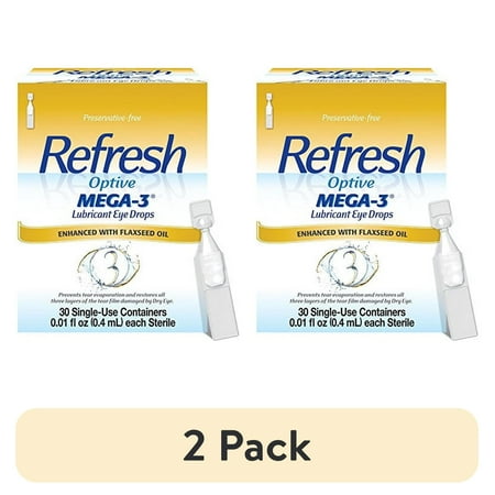(2 pack) Refresh Optive Mega-3 Lubricant Eye Drops, Preservative-Free, 0.01 Fl Oz Single-Use Containers, 30 Count