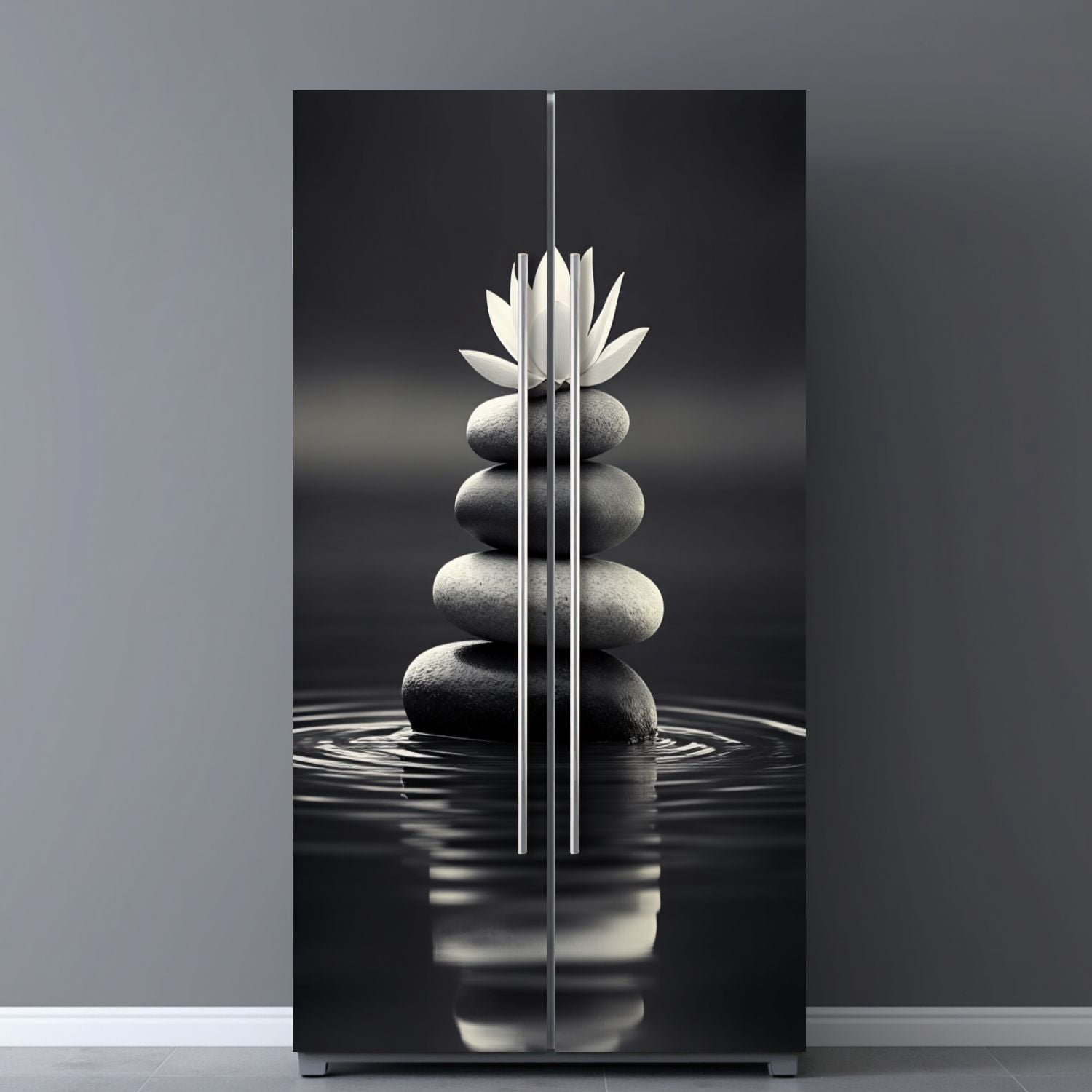 Self Adhesive Vinyl Refrigerator Wrap Set Serene Stacked Stones White Lotus Calm Water Spiritual Calm Door Mural Removable Fridge Sticker Peel and Stick&nbsp;Full Door Cover Decal Kitchen Bar Decor