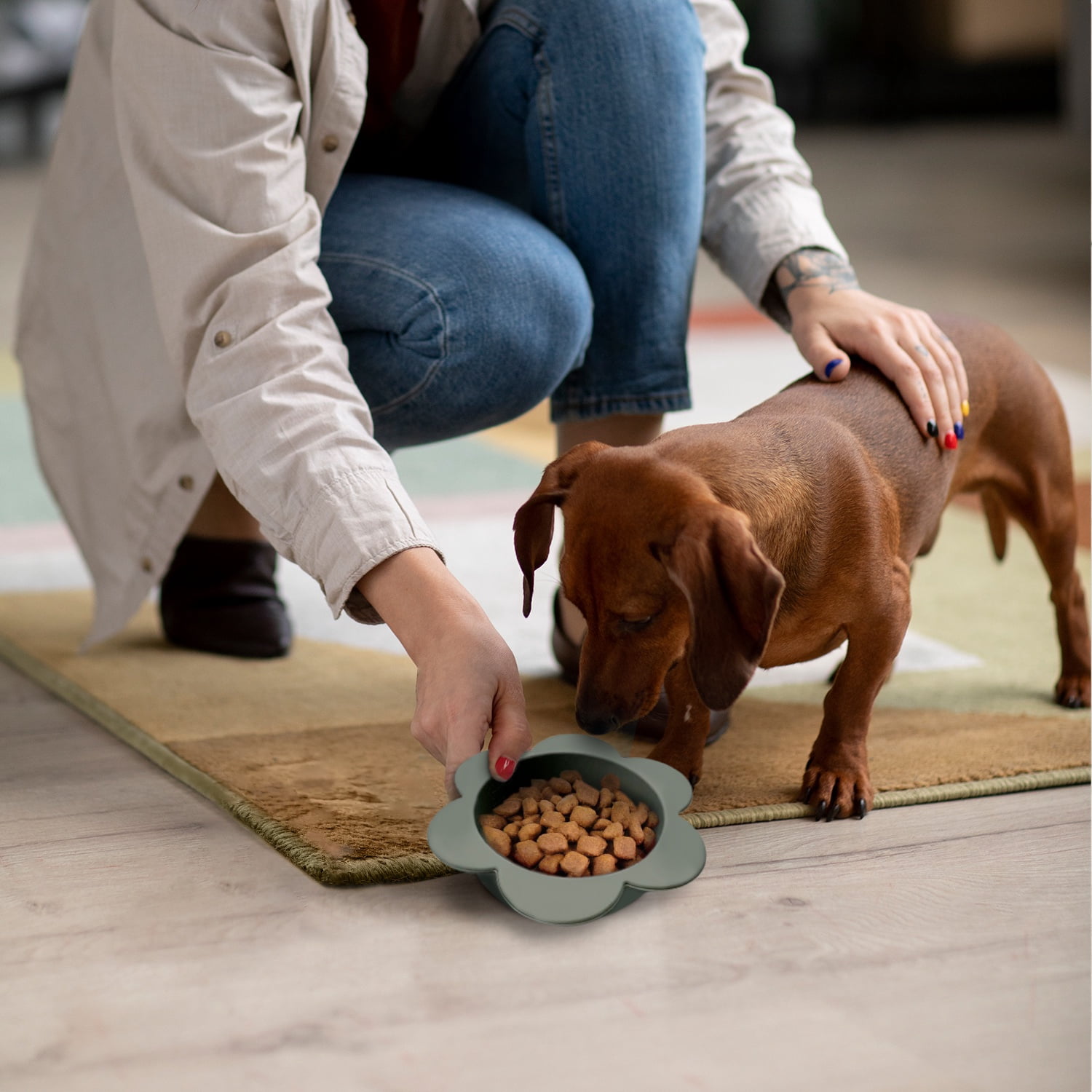 P.T. Supply Co. Gray Small Flower-Shaped Silicone Pet Bowl with Non-Slip Suction Base