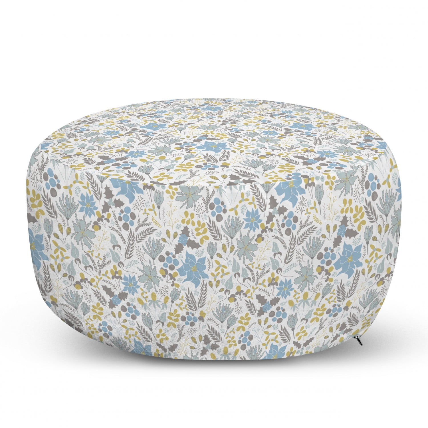 Botanical Ottoman Pouf, Wildflowers and Berries Scattered, Decorative