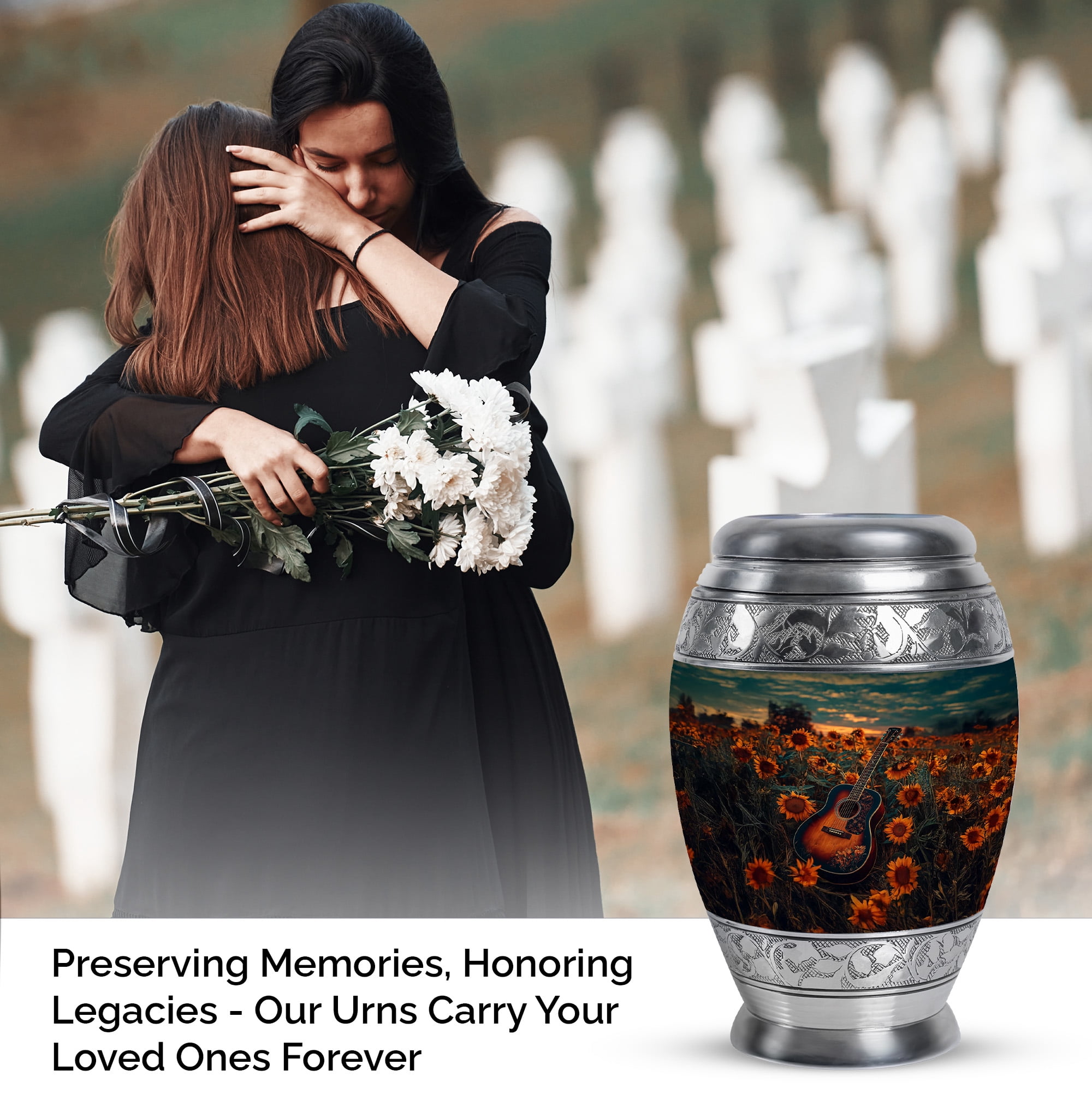 MUKTIVE Guitar & Sunflowers Cremation Urns for Human Ashes for Male Keepsake - Blue Small Funeral Urns for Human Ashes for Men - Memorials Ash Holders - Remembrance Gift for Loss of Mother (3 Inch)
