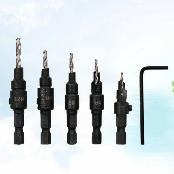 Black Steel Countersink Drill Bit Set for Wood Drilling with Wrench 5Piece Including #5 #6 #8 #10 #12 Sizes