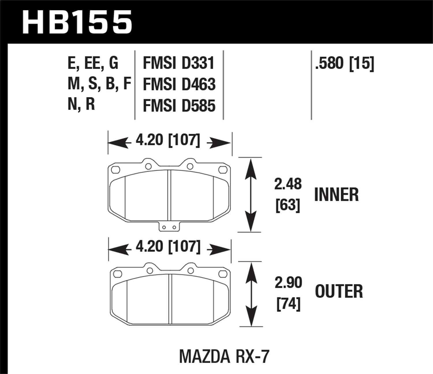Hawk Performance HB155F.580 Brake Pads - HPS Compound - Front - Set of 4 Fits select: 1986-1989,1993-1995 MAZDA RX7