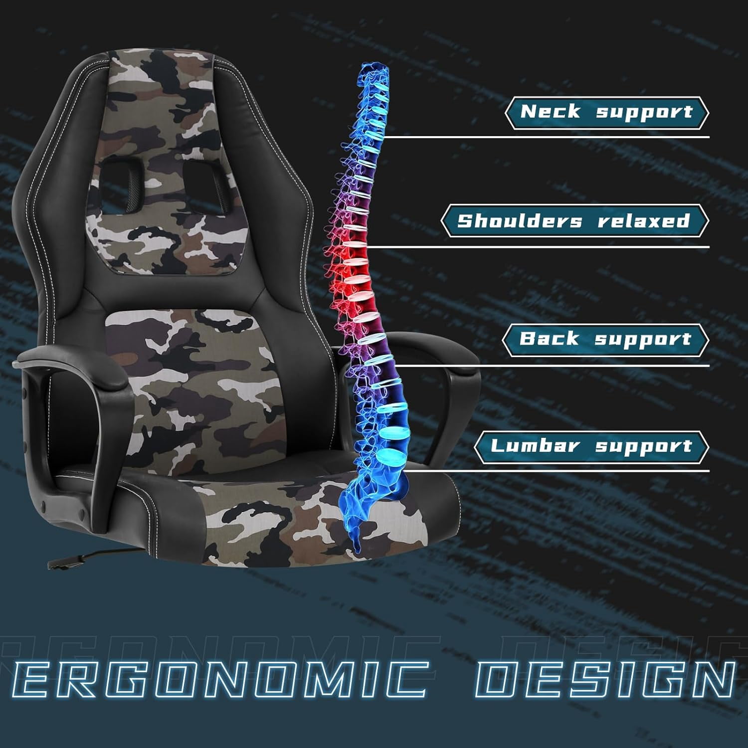Dkelincs Gaming Chair Massage Computer Chair Ergonomic Video Game Chairs, Adjustable Office Desk Chair with Lumbar Support & Armrest for Teens & Children, Camo