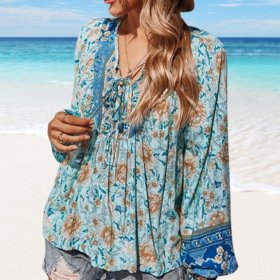 HOWPAY Long Sleeve Tops for Women V Neck Printed Tunic Tee Tops Casual Loose Fit Basic Shirts Vintage Oversized Cozy Soft Fall Clothes Green L