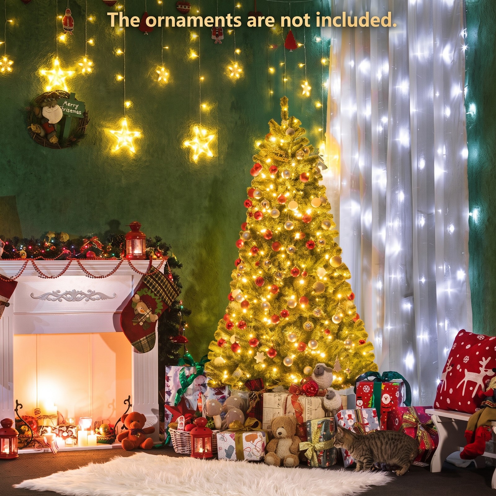 RUIE 6FT Pre-Lit Artificial Christmas Tree with 350 Remote-Controlled Color-Changing LED Lights, 845 Hinged Tips Full Holiday Xmas Tree with Metal Stand, Green