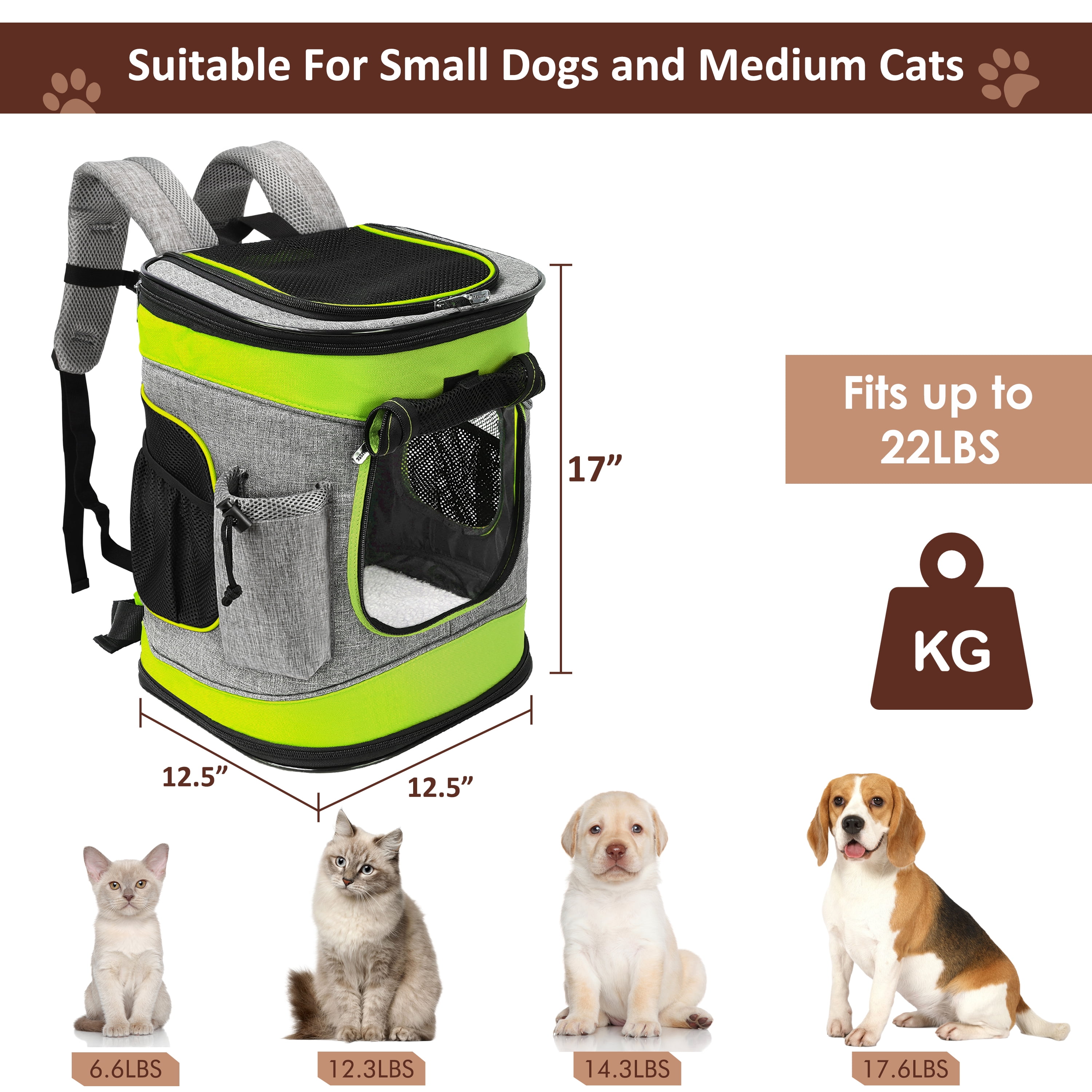 Kato Large Breathable Mesh Net Pet Carrier Backpack with Sherpa Bed, Green, 18 lb Limit