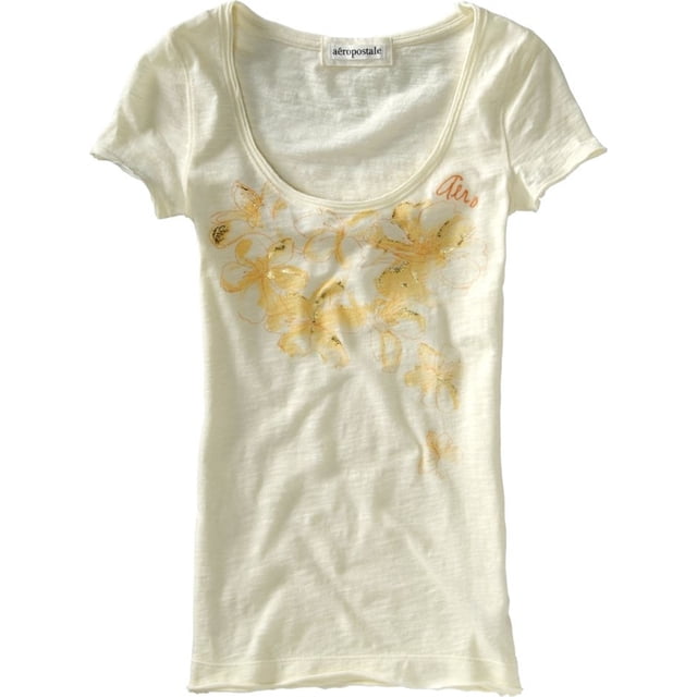 Aeropostale - Playera gráfica con cuello ancho para mujer, color blanco, extragrande