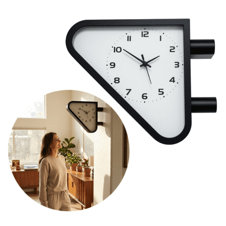 Mid-Century Double Sided Corner Wall Clock, Retro 70s Triangle Shaped Wooden Clock, Silent Quartz Two-Sided Hanging Clock for Hallway Dining Room Home Aesthetic Decor - (Black)
