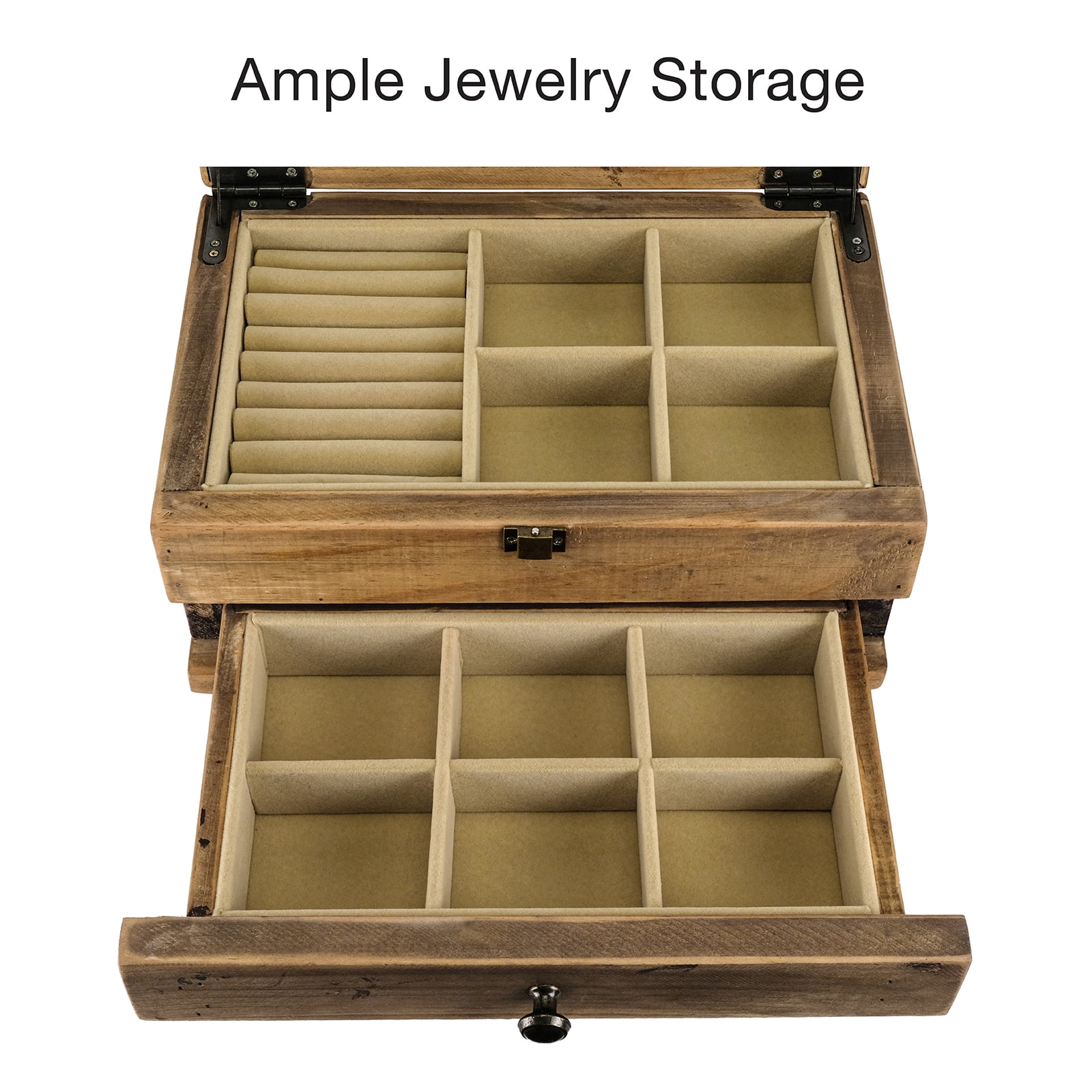 Excello Global Products Jewelry Box: Farmhouse Solid Wood Rustic Distressed Jewelry Organizer. Includes Glass Window and Storage Drawer. - EGP-HD-0404