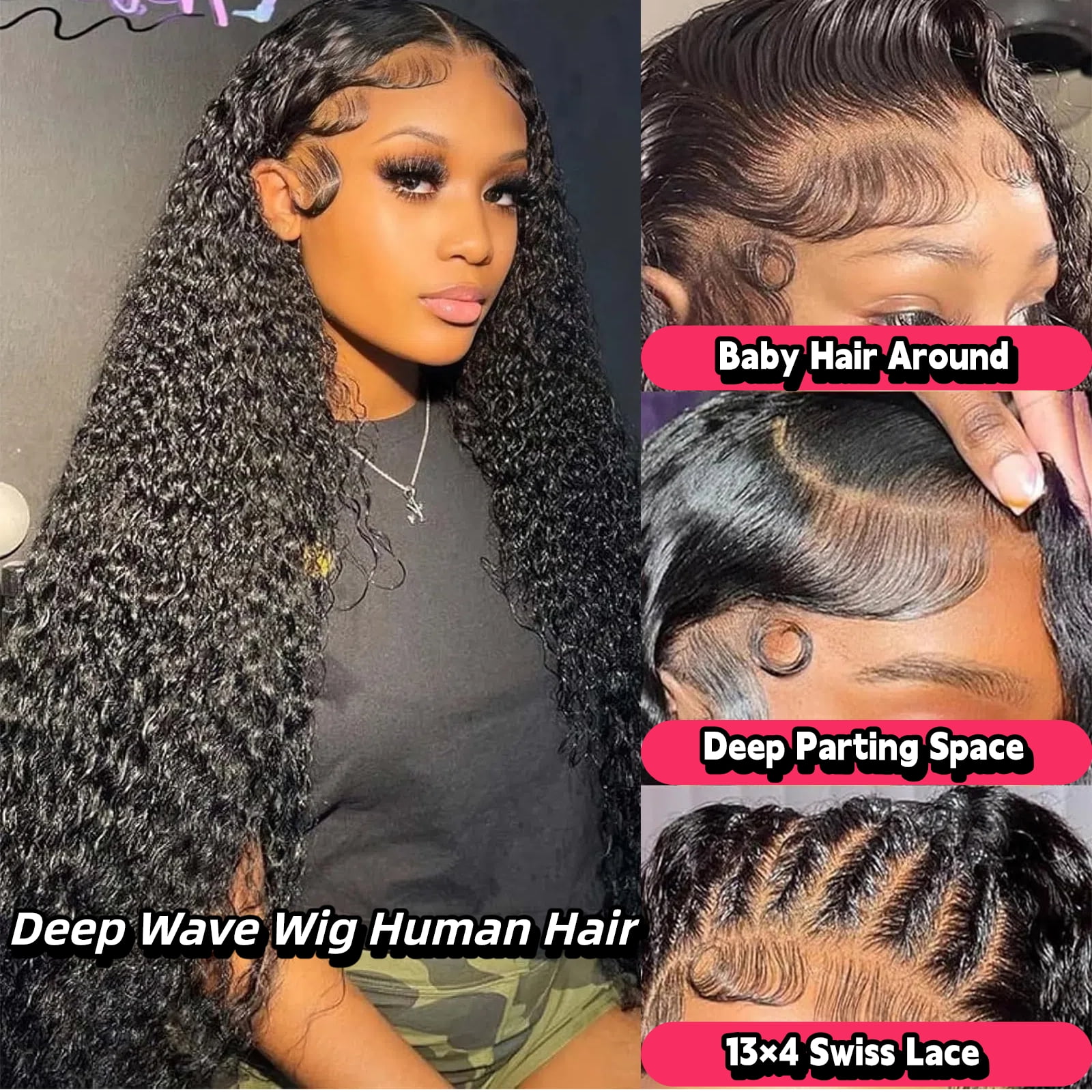 30 Inch Deep Wave Lace Front Wigs Human Hair 13x4 HD Transparent Lace Front Wigs for Women 180% Density Pre Plucked with Baby Hair Natural Black for Women