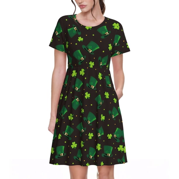 Easygdp St. Patrick's Day8 para Vestido Transpirable de Mujer, Vestido Suelto de Manga Corta con Pliegues y Bolsillos para el Verano