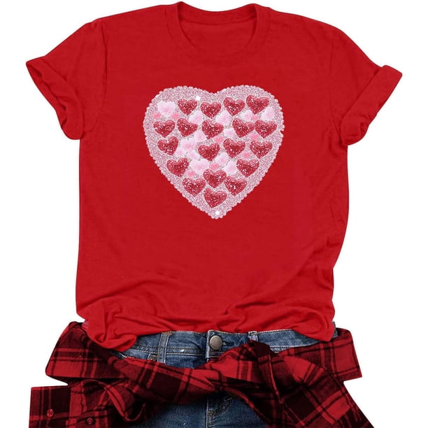 RKSTN Women's Valentine's Day Cotton T Shirts Oversized Crewneck Valentine Graphic Print Short Sleeve Shirt Pullover Tops Womens Casual Round Neck Plus Size Loose Fits Comfy Summer Baisc Tee Shirts