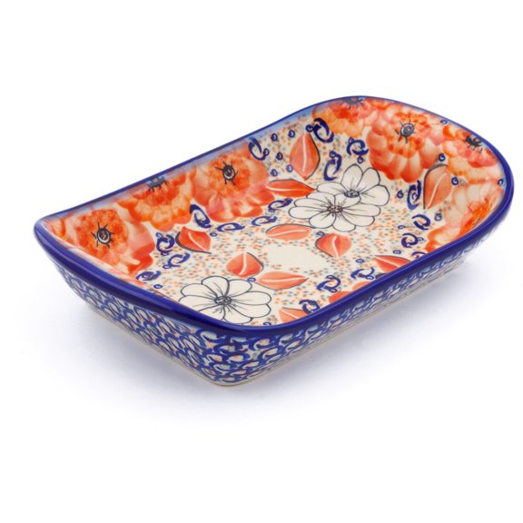 Polish Pottery 9¾-inch Platter with Handles (Poppy Passion Theme) Signature UNIKAT Hand Painted in Boleslawiec, Poland   Certificate of Authenticity