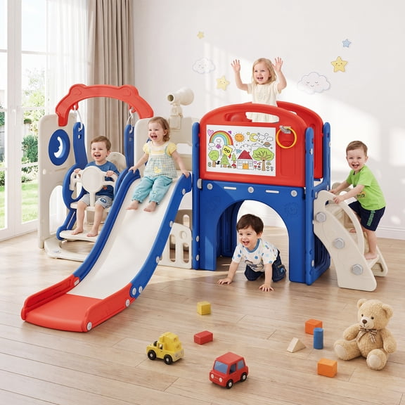 Bobiber XL 11 in 1 Toddler Slide PlaySet for kids, Indoor/Outdoor Toddler Playground for Ages 1-4 (Blue/Red)