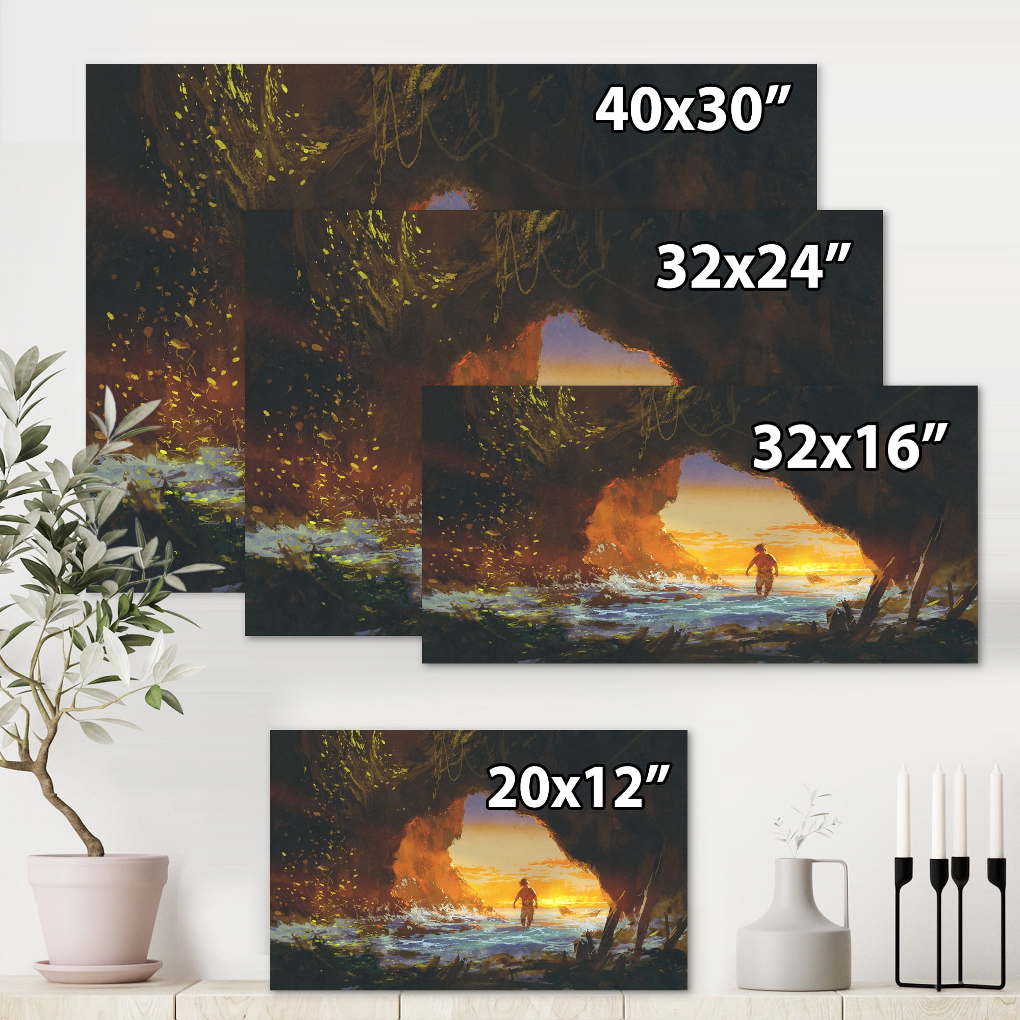 Designart ' The Sea Cave At Sunset With The Man Walking In ' Nautical & Coastal Canvas Wall Art Print