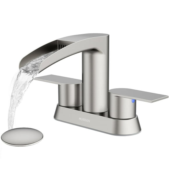 Robinet de Lavabo de Salle de Bain à 3 Trous, Hurran Robinets de Salle de Bain de 4 Pouces avec Drain Escamotable, Robinet en Cascade à 2 Poignées en Acier Inoxydable, Nickel Brossé
