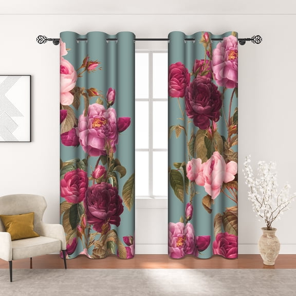 MIZHONA Teal Blue Blackout Curtains for Living Room Vintage Purple Floral Window Curtain Set of 2,42"x84"