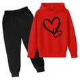 thumbnail image 4 of Otqutp Toddler Girls 2 Piece Outfit Heart Print Long Sleeve Hooded Sweatshirt Solid Straight Leg Pants Fall Clothes for Kids Teens, 4 of 6