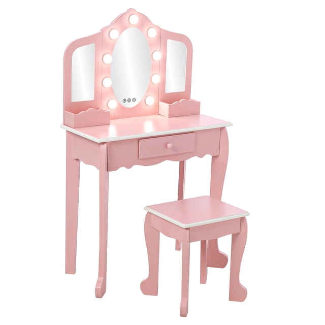 Tocador para niñas con espejo triple y luces ajustables, set de maquillaje infantil de madera con taburete y cajón, mesa de juego de roles para dormitorio o sala de juegos, blanco