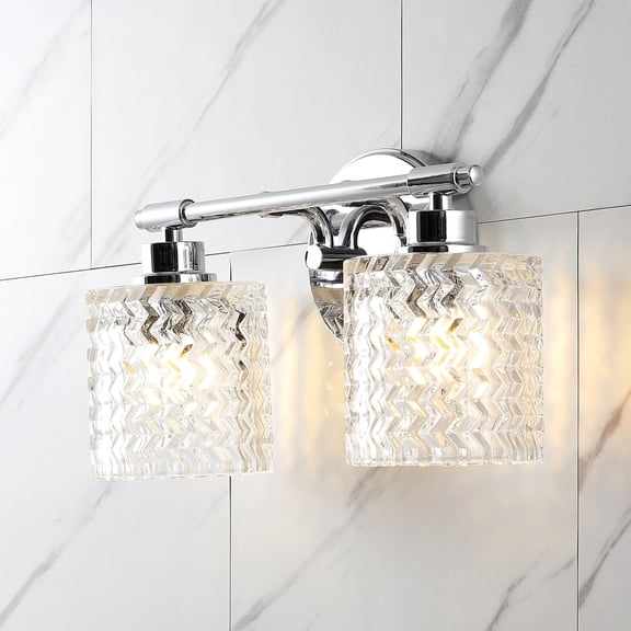 JONATHAN Y Spaulding Vintage 13" 2-Light Iron/Chevron Pattern Glass Farmhouse Cottage LED Vanity Light, Chrome
