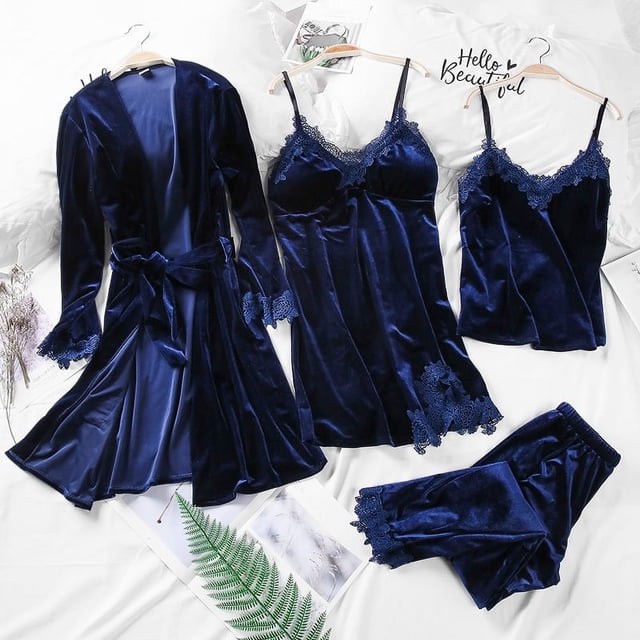 Conjunto de pijama de terciopelo dorado de otoño e invierno, camisón de tirantes para mujer, camisón sexy, conjunto de cuatro piezas de terciopelo que se puede usar al aire libre