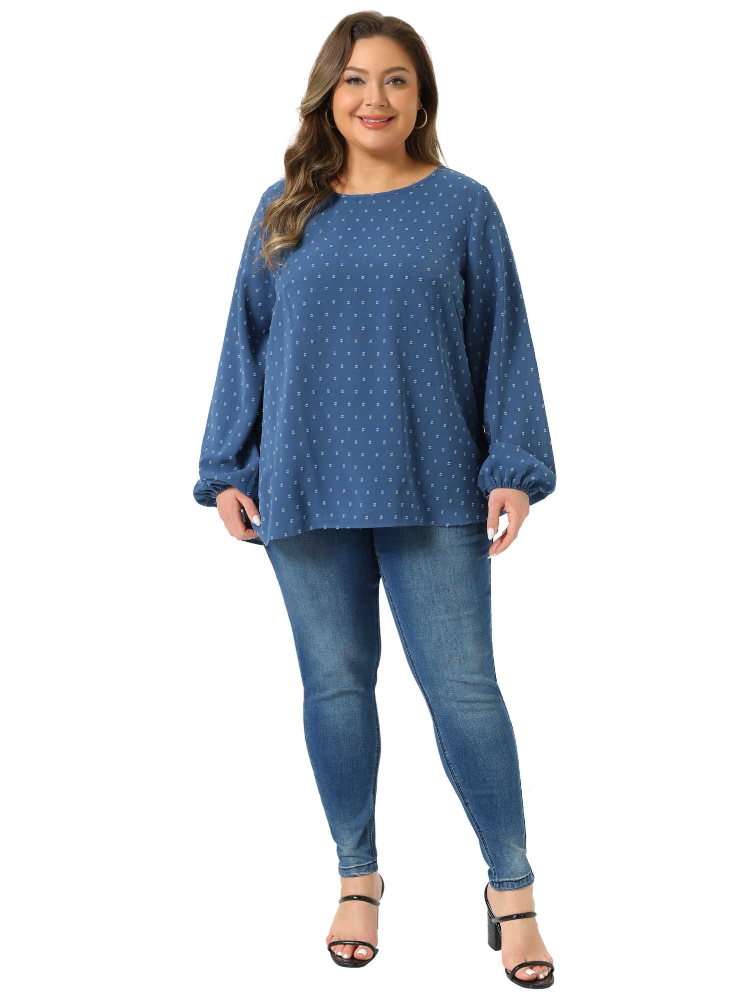 DARING DIVA Women's Plus Crewneck Chiffon Swiss Dots Shirts Top 1X Gray Blue