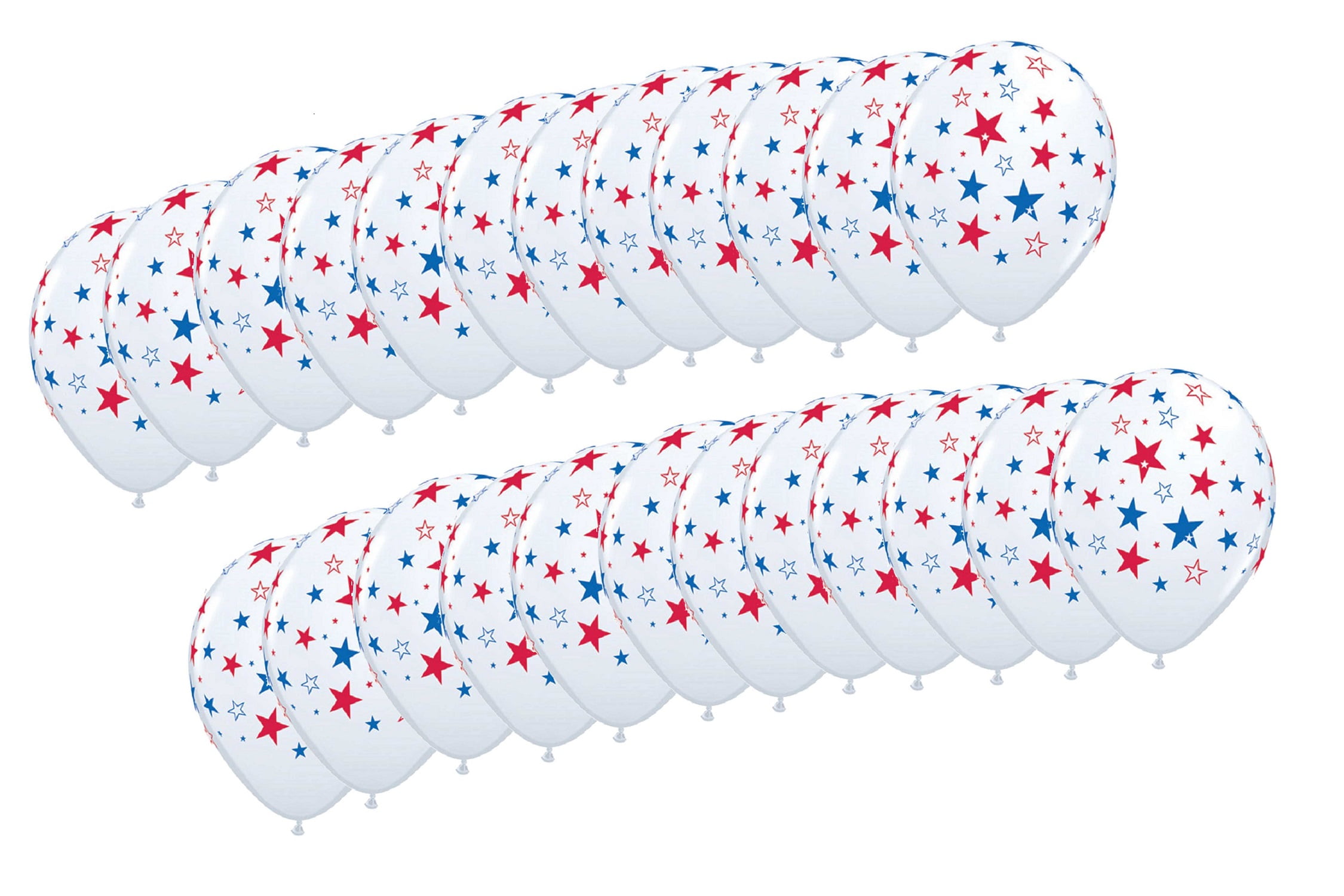 24 Patriotic Stars Print 11' Latex Balloons White w/ Blue & Red Design Qualatex