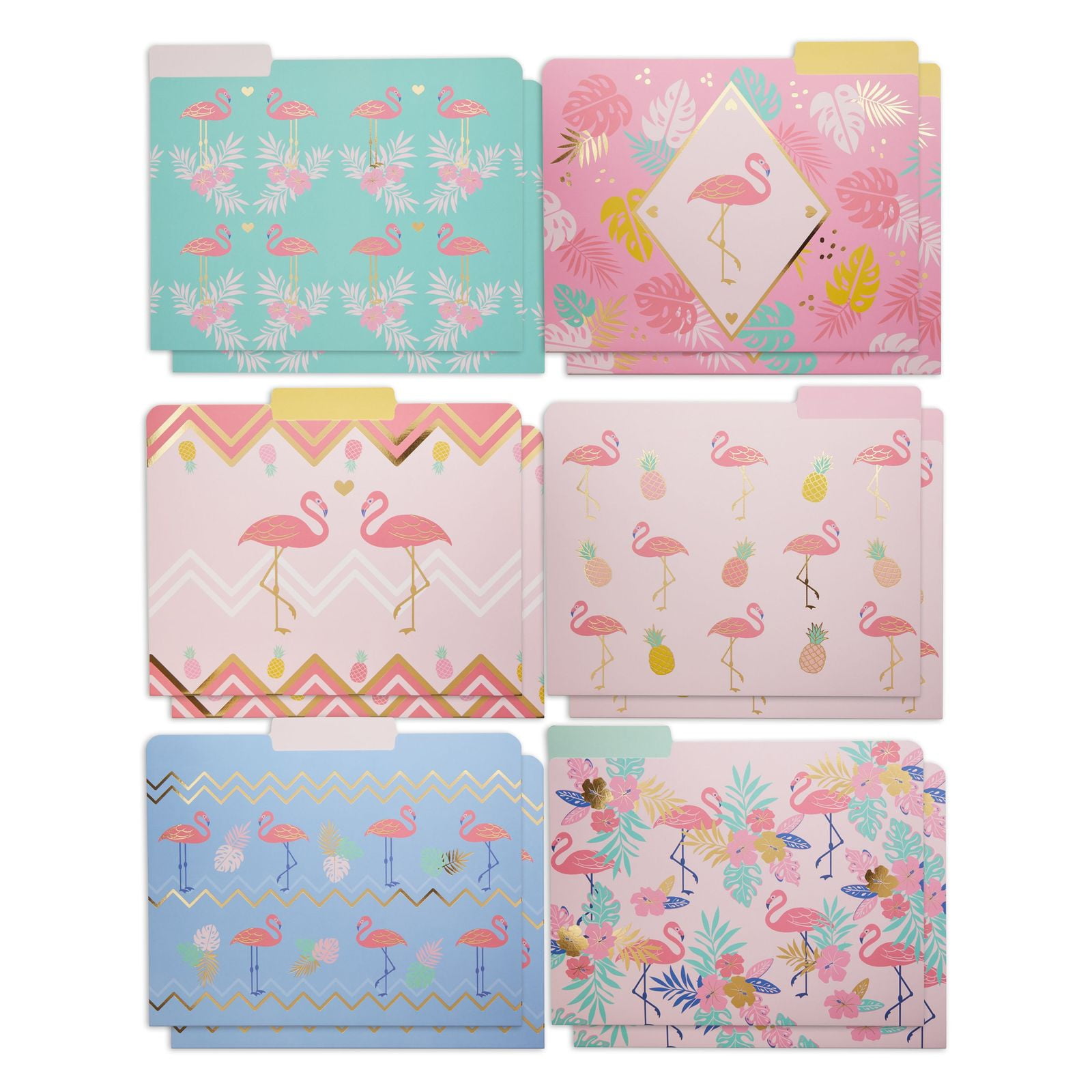 12-Pack Flamingo File Folders 1/3 Cut Tab Letter Sized, 6 Cute Designs, Pink & Green