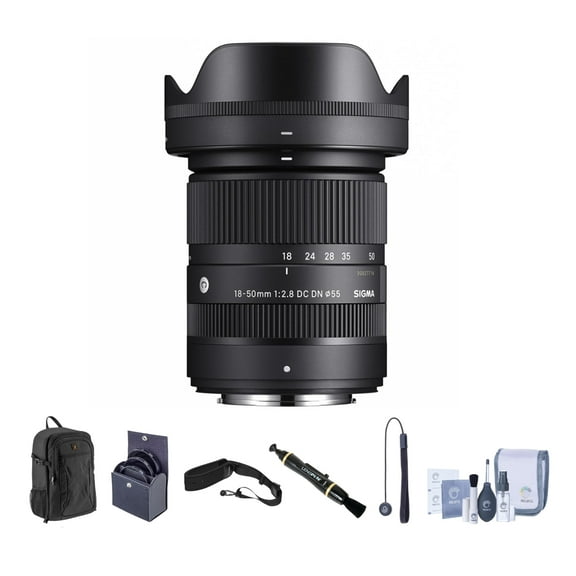 Sigma 18-50mm f/2.8 DC DN Contemporary Lens for Fujifilm X, Bundle with Backpack, Camera Strap, 55mm Filter Kit, Lens Cleaner, Cleaning Kit, Lens Cap Tether