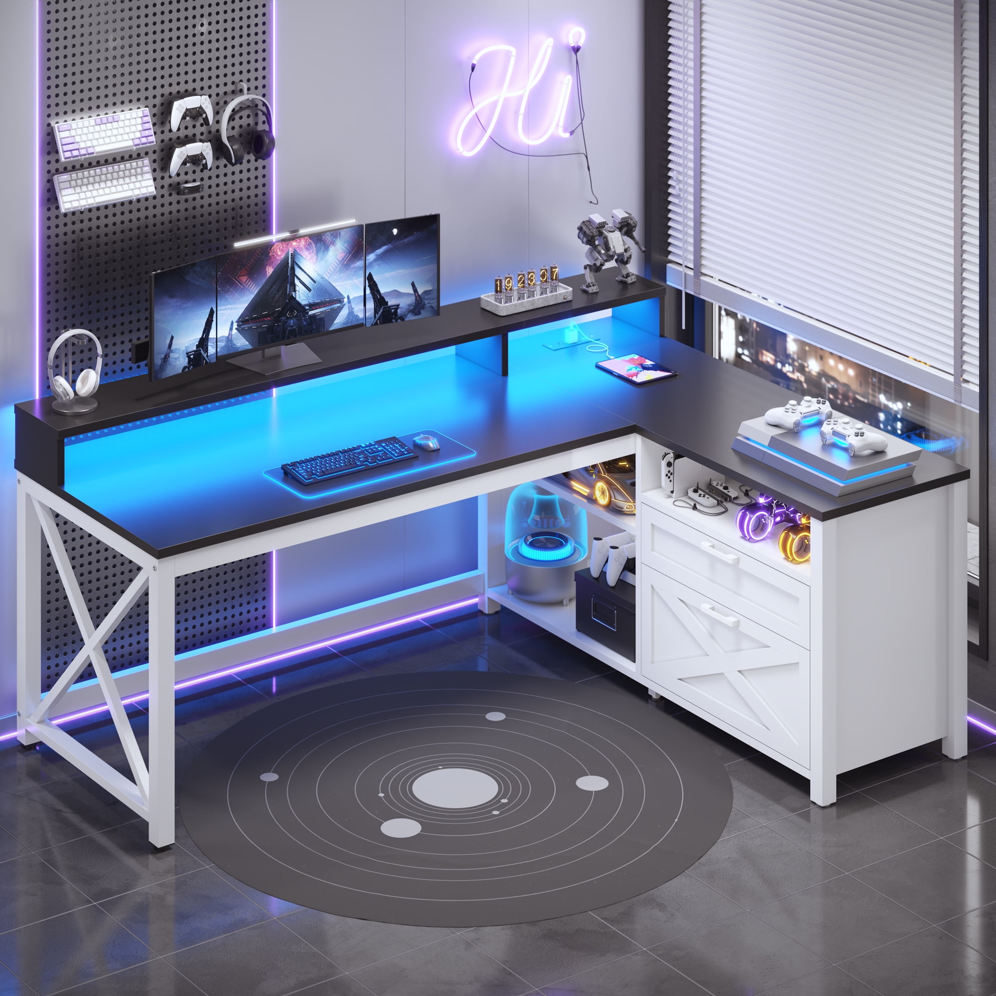 Farmhouse L-Shaped Desk with Power Outlets & LED Lights for Home Office, Large Computer Desk with Monitor Stand & Storage Drawer & File Drawer, Corner Computer Desk with 5 Open Storage Space, White