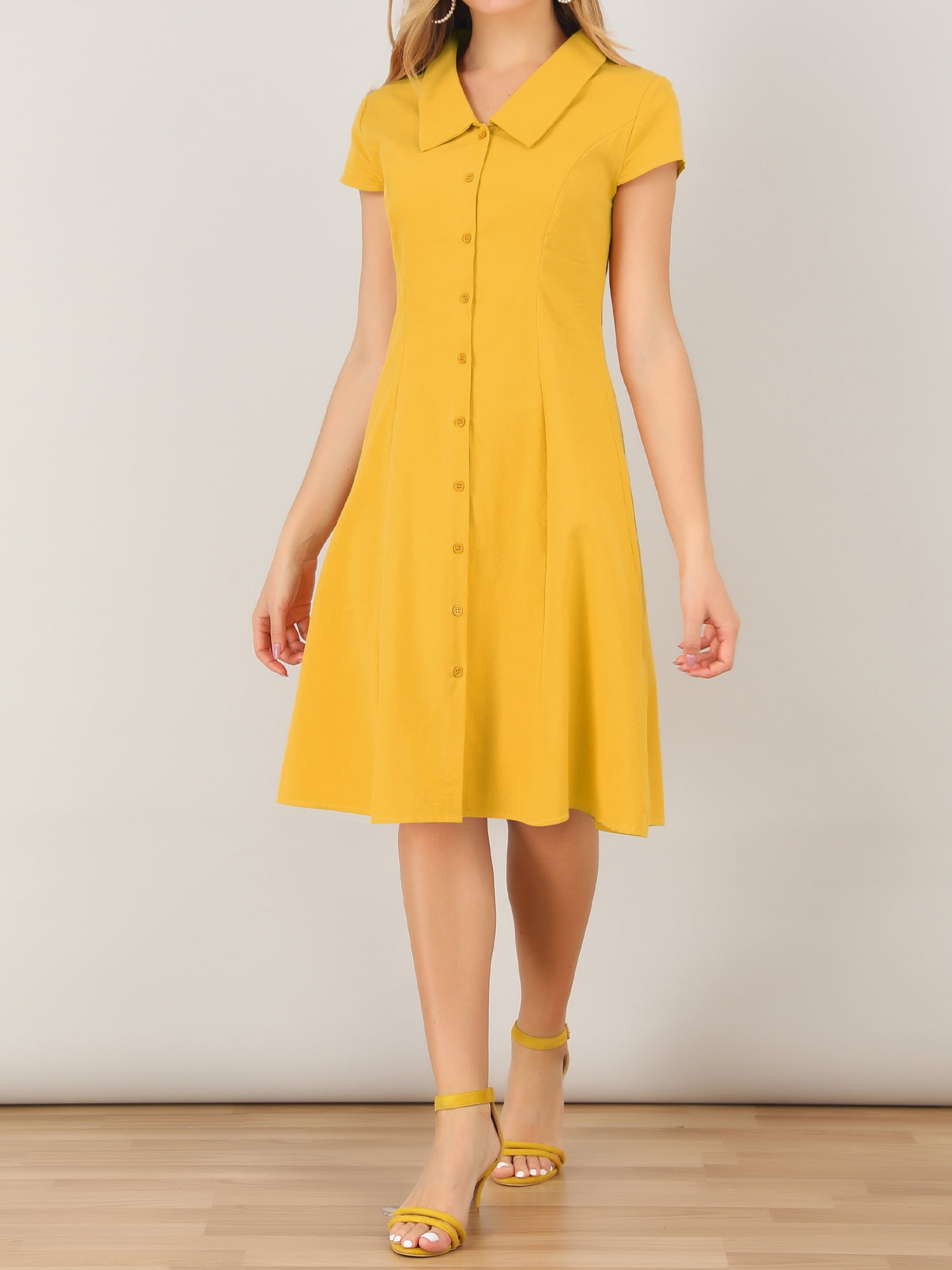 Unique Bargains Women's Cotton Cap Sleeve Button Down Midi Dress