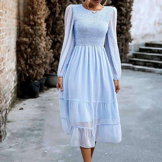 Vestido De Mujer Vestido largo de dama Vestidos de fiesta de cóctel con adorno de volantes jacquard con cuello redondo y puntos casuales Kuymtek Azul M para Mujer