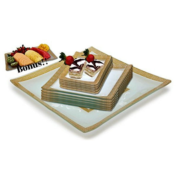 GAC Designed Square Tempered Glass Dinnerware Set Service for 6, with Square Serving Platter