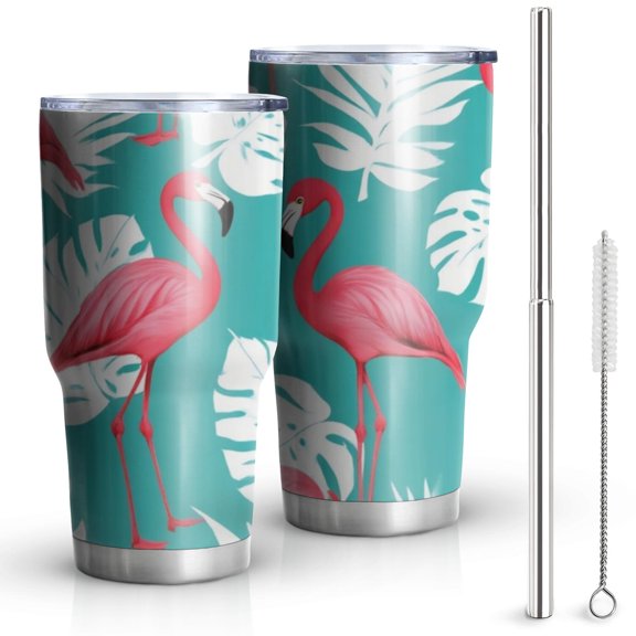 30oz Flamingo and Palm Leaves Tropical Hawaii Tumblers Stainless Steel Tumbler with Lid and Straw,Vacuum Insulated Double Wall Travel Tumbler Cups Mug with Cleaning Brush for Coffee,Tea