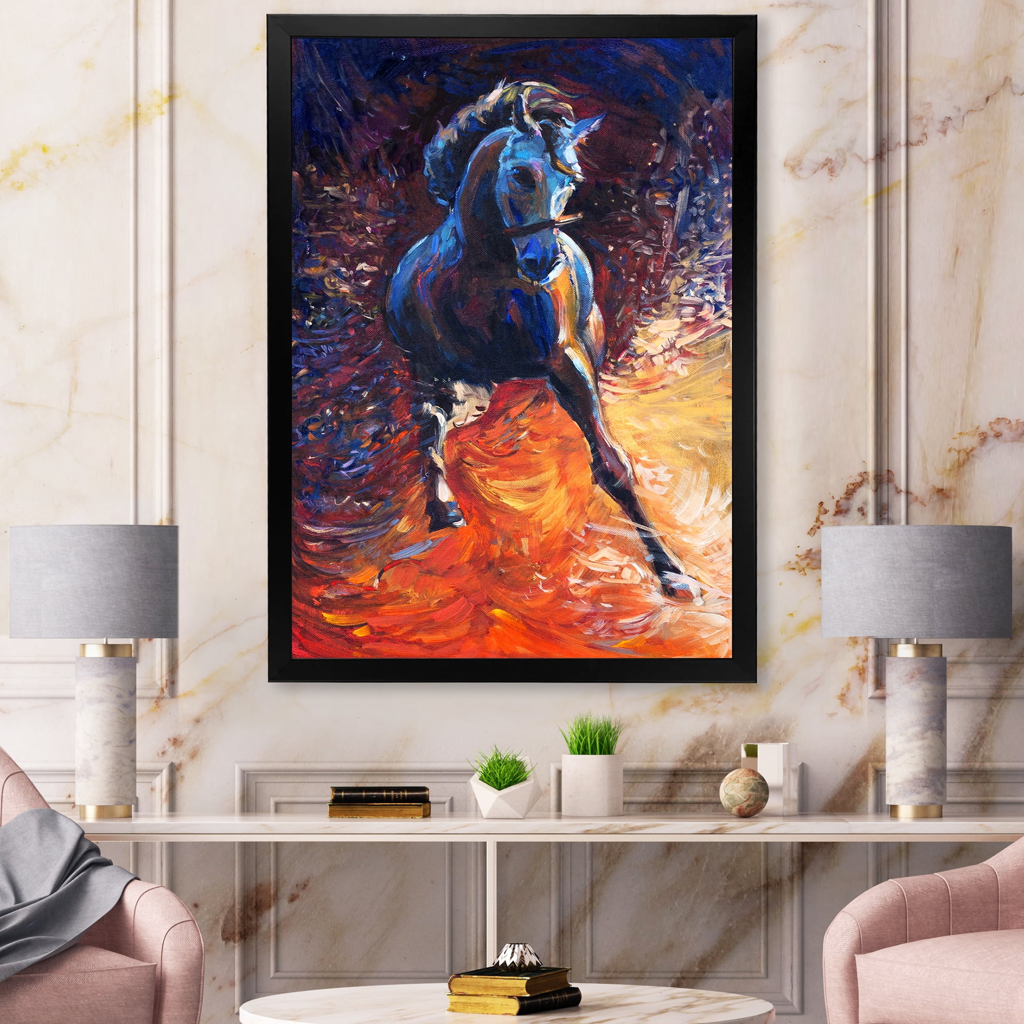 Designart 'Portrait Of A Galoping Blue Horse' Farmhouse Framed Art Print