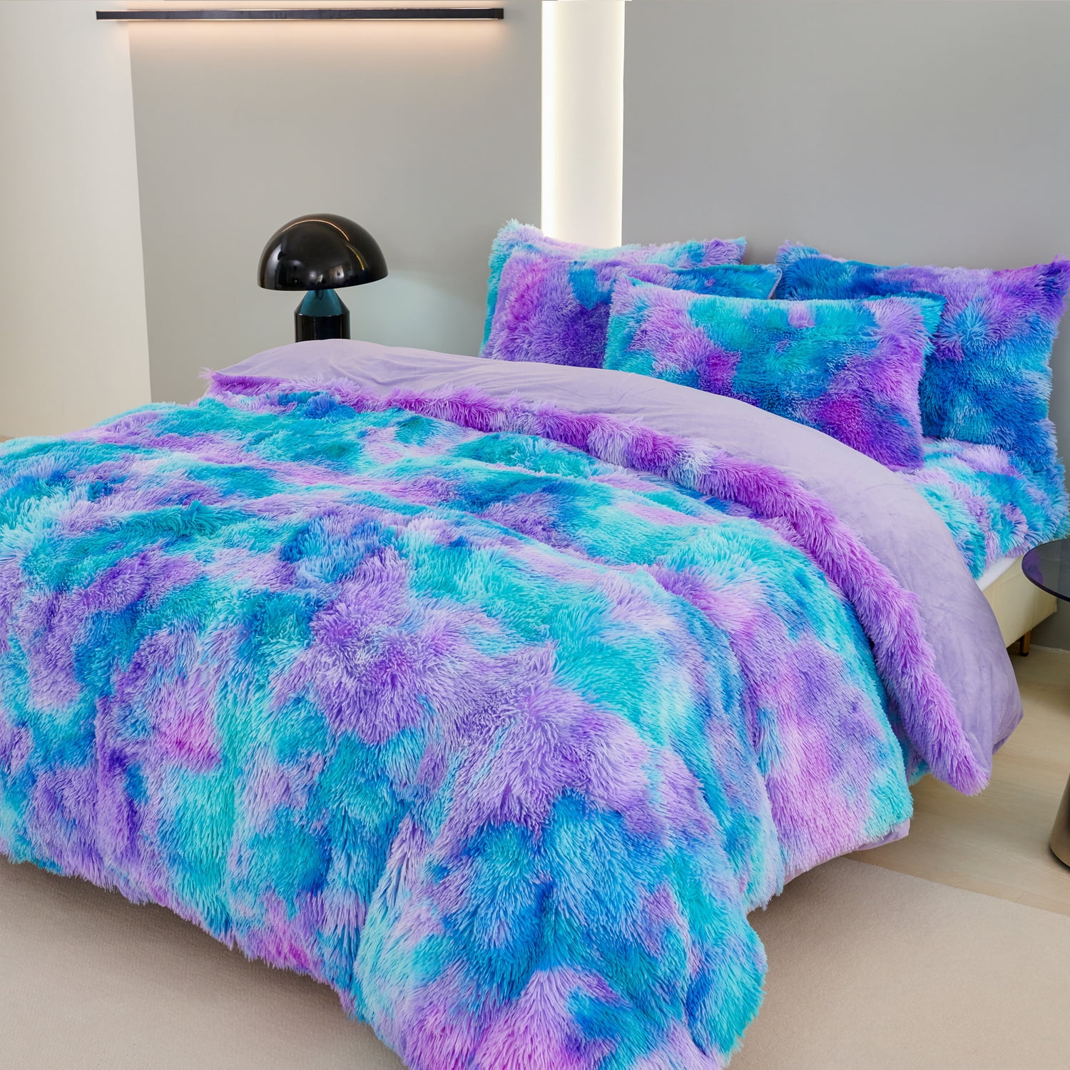URBONUR 3Pcs Blue Purple Queen Bedding Set for Women Faux Fur Comforter Tie Dye Fluffy Comforter Set Cozy Fuzzy Shaggy Bed Sets(1 Furry Bedding + 2 Plush Pillowcases)