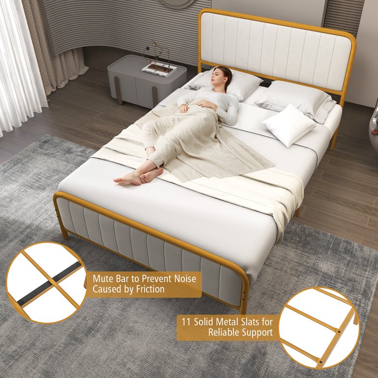 Costway Full Gold Metal Bed Frame, Velvet Headboard, Solid Slats