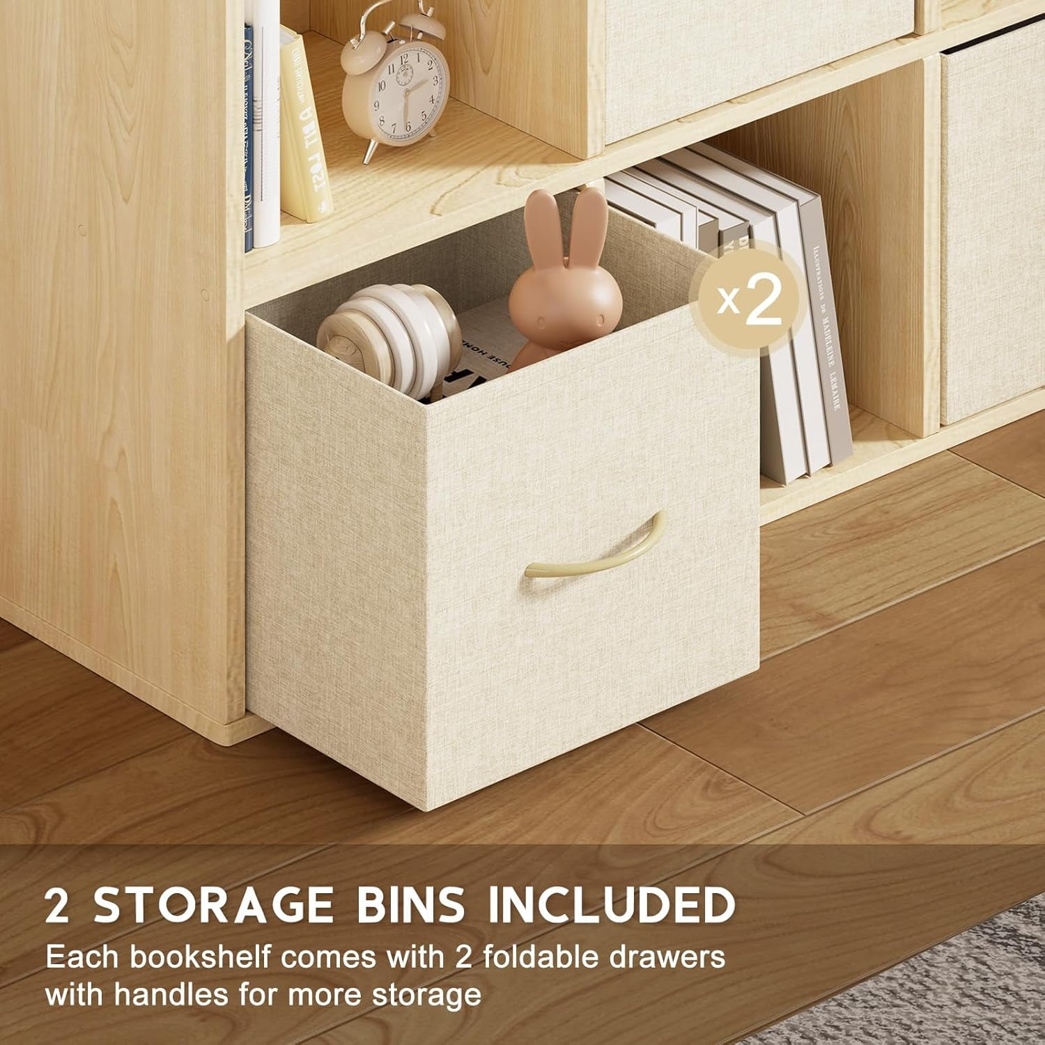 4 Cube Storage Organizer - Solid Wood Bookshelf with 2 Storage Bins, Cube Shelf with 2 Removable Back Panels, Vertical or Horizontal Bookcase, Open Book Shelf for Bedroom, Living Room, Office