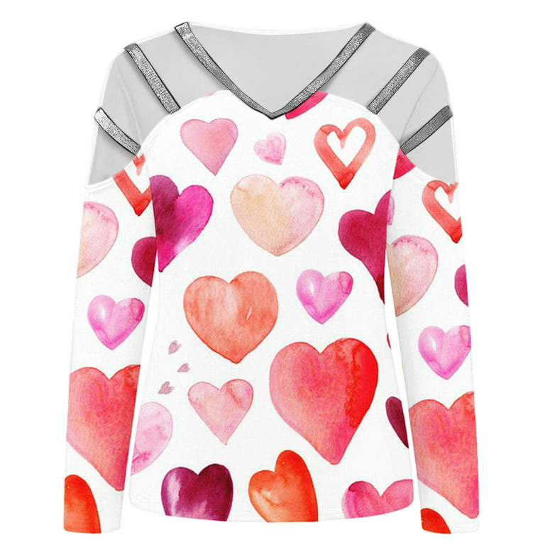 ZQGJB Savings Valentines Day T Shirts for Women Cute Love Heart Graphic Tee  Blouse Glittering Strappy Hollow Out Long Sleeve Pullover Tops(Pink,M)