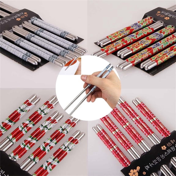 XiYing Stainless Steel Chopsticks Reusable 5 Pairs 304 Metal Chopsticks Dishwasher Safe 8.85 Inches Long Antiskid Grooved Tips Suitable for Sushi, Noodles, Rice