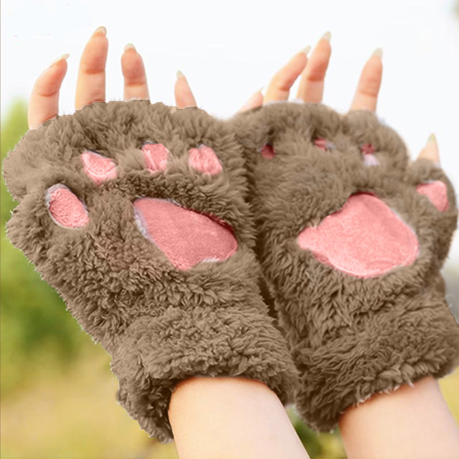 Warm Fingerless Women Winter Soft Paw Gloves Fluffy Bear Cat Plush Paw Chic 