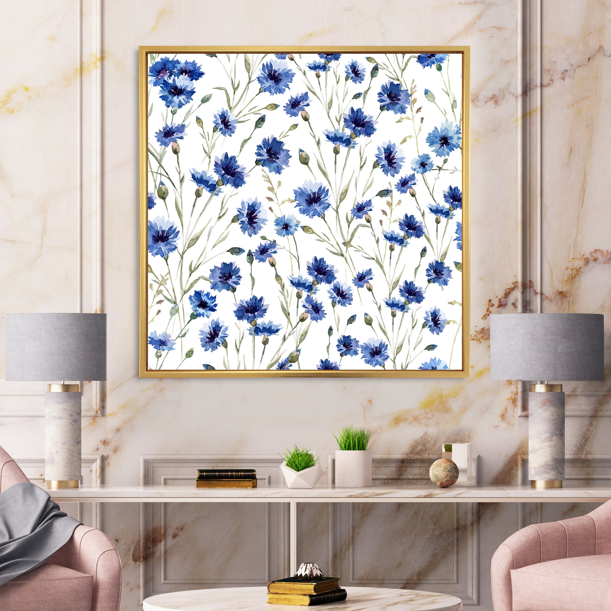 Designart 'Blue Wildflowers With Green Leaves On White' Traditional Framed Canvas Wall Art Print