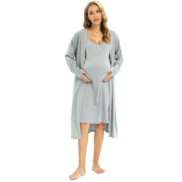 WBQ Womens Maternity Robe 2 Piece Nursing Nightgown and Robe Set 3 in 1  Hospital Breastfeeding Bathrobe Gray Tag XL/US 12